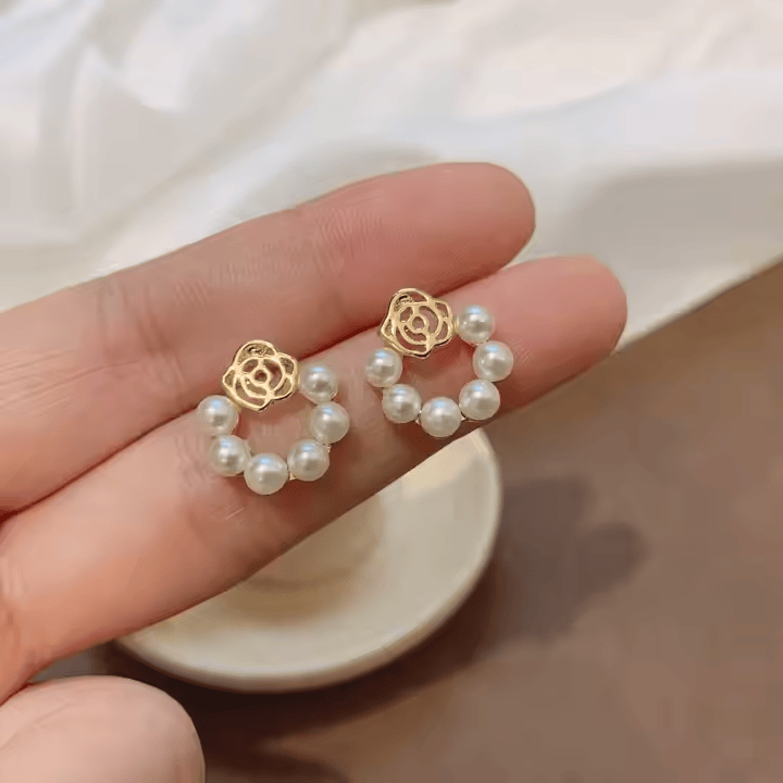 MRIDU Rose Design Gold Plated Pearl Stud Earrings
