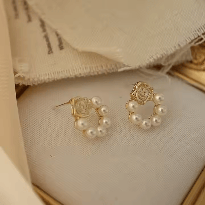 MRIDU Rose Design Gold Plated Pearl Stud Earrings