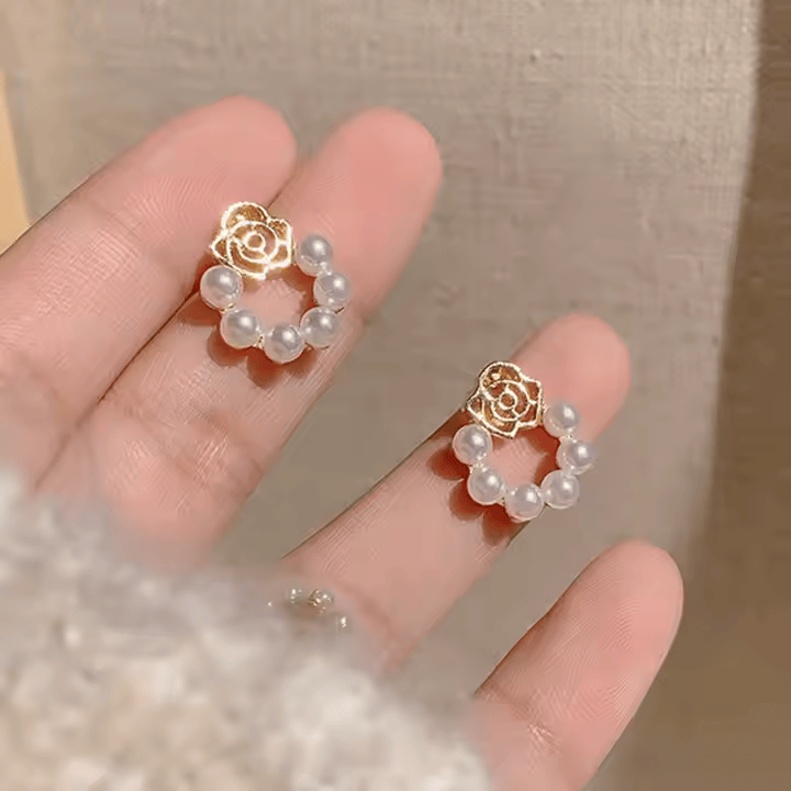 MRIDU Rose Design Gold Plated Pearl Stud Earrings