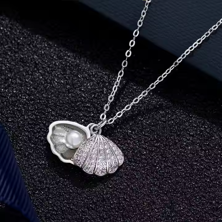 Crystal Zircon Shell Pearl Pendant Necklace | Silver