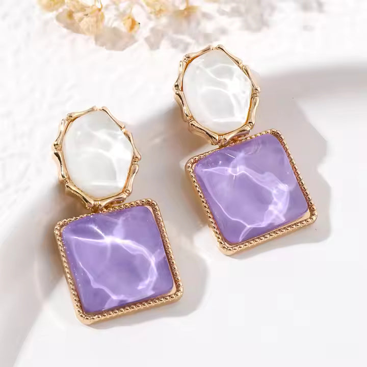 Square Oval Lavender Shade Gold Finish earrrings