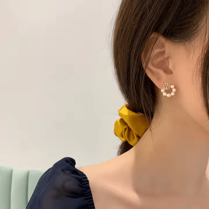 MRIDU Rose Design Gold Plated Pearl Stud Earrings