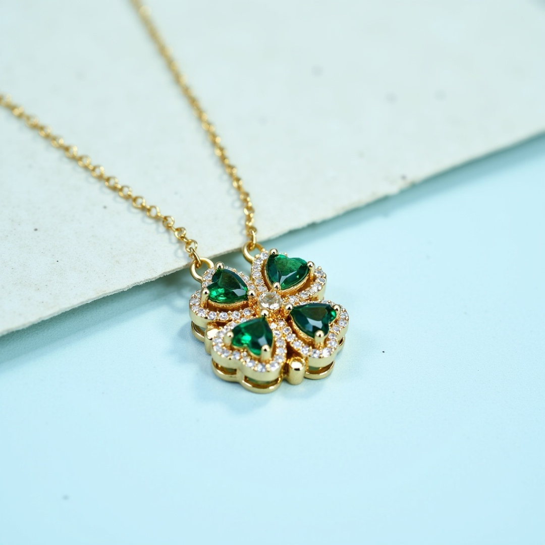 Four leaf Emerald Clover Folding Heart Pendant