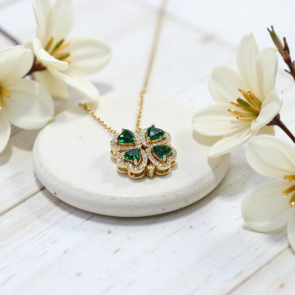 Four leaf Emerald Clover Folding Heart Pendant