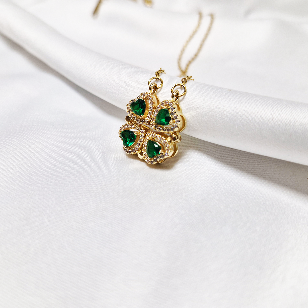 Four leaf Emerald Clover Folding Heart Pendant