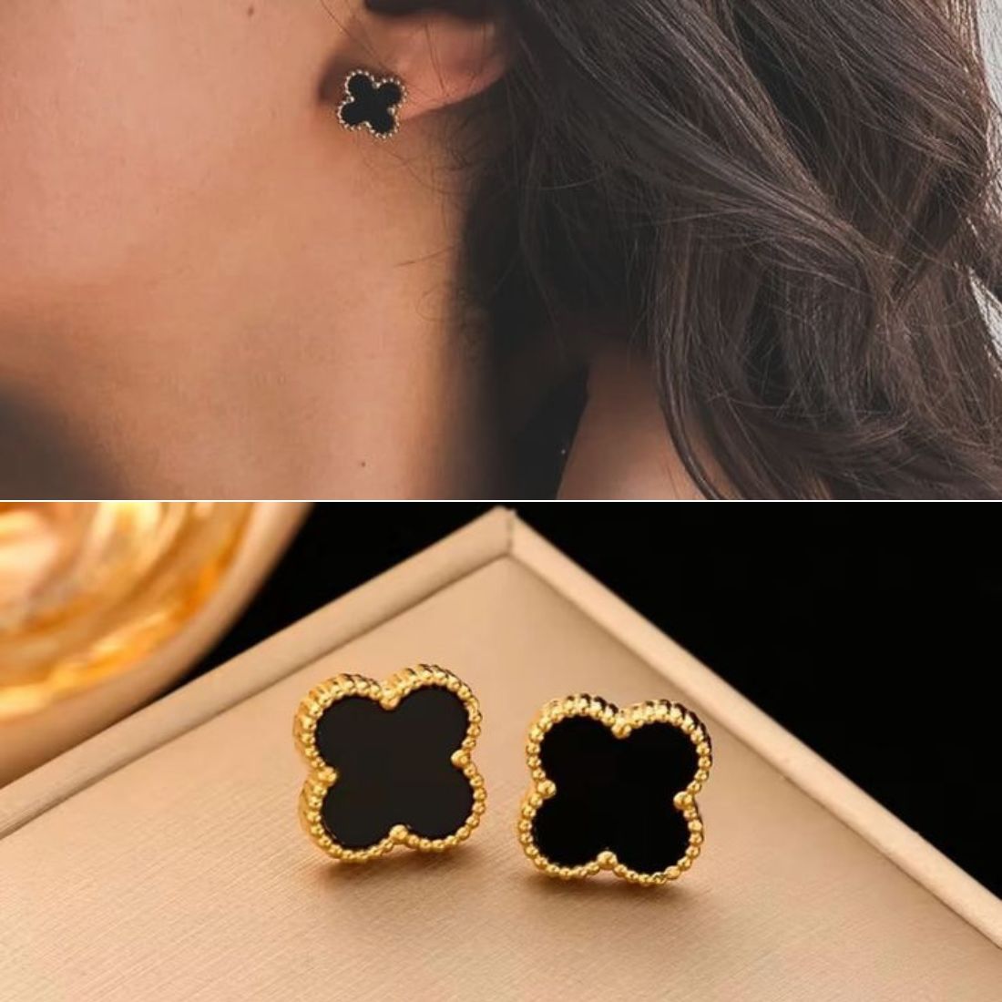 Midnight Clover Peace Gold Finish Earrings