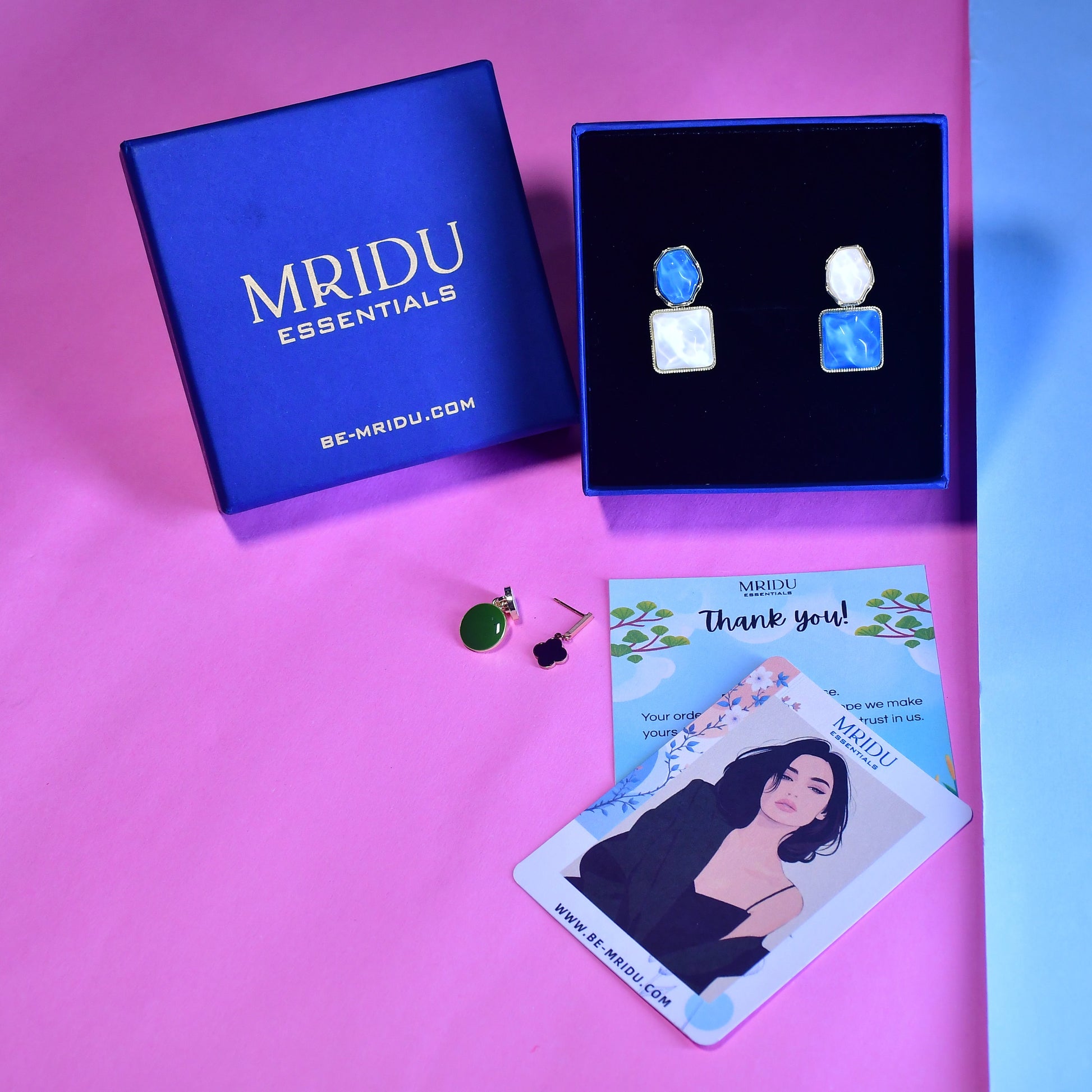 Square Oval Natural Stone Design Korean Earrings Blue Shade