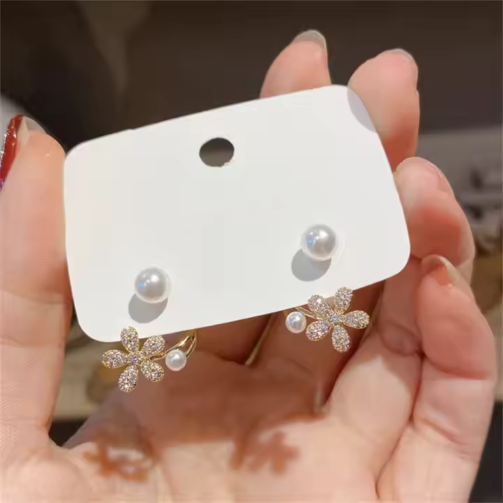 Diamond Flower Pearl Earrings