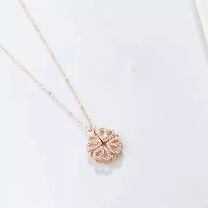 Rosegold Diamond Four-Leaf Clover Folding Heart Locket Pendant