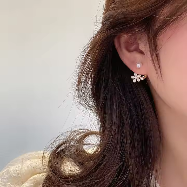 Diamond Flower Pearl Earrings