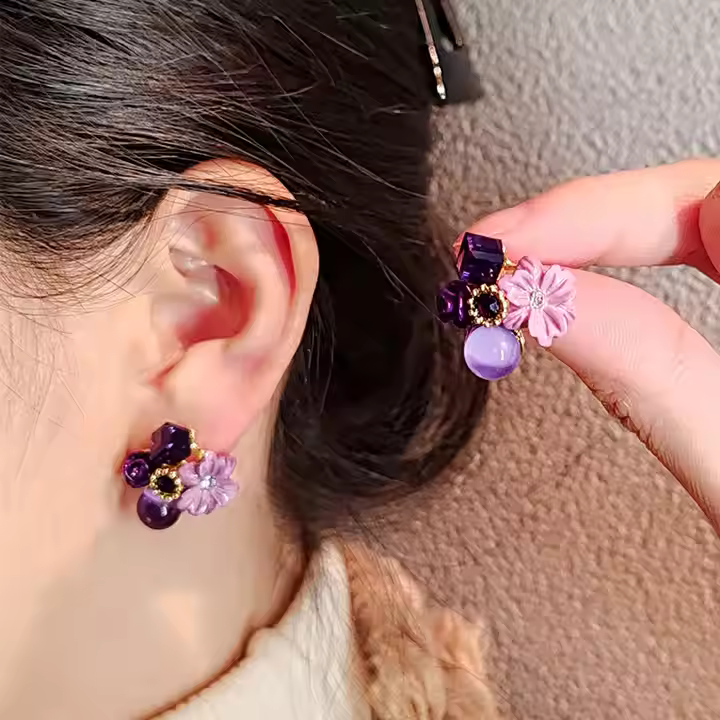 Silver Needle Stud Earrings Purple Zircon Opals Flower Earrings