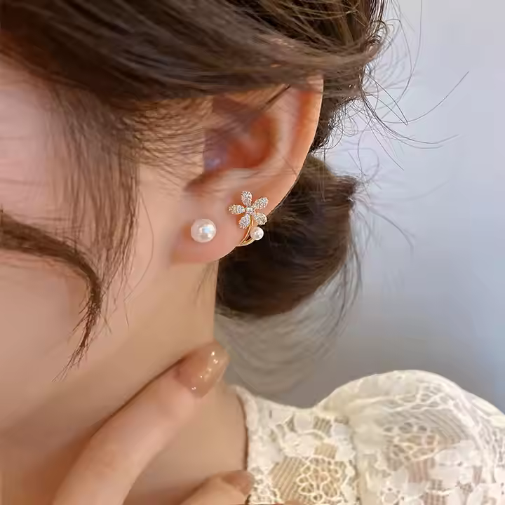 Diamond Flower Pearl Earrings