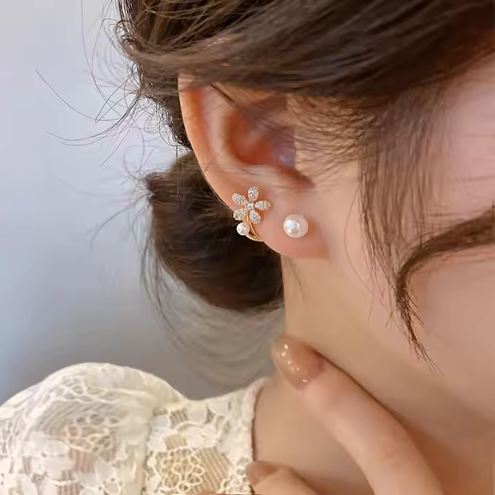 Diamond Flower Pearl Earrings