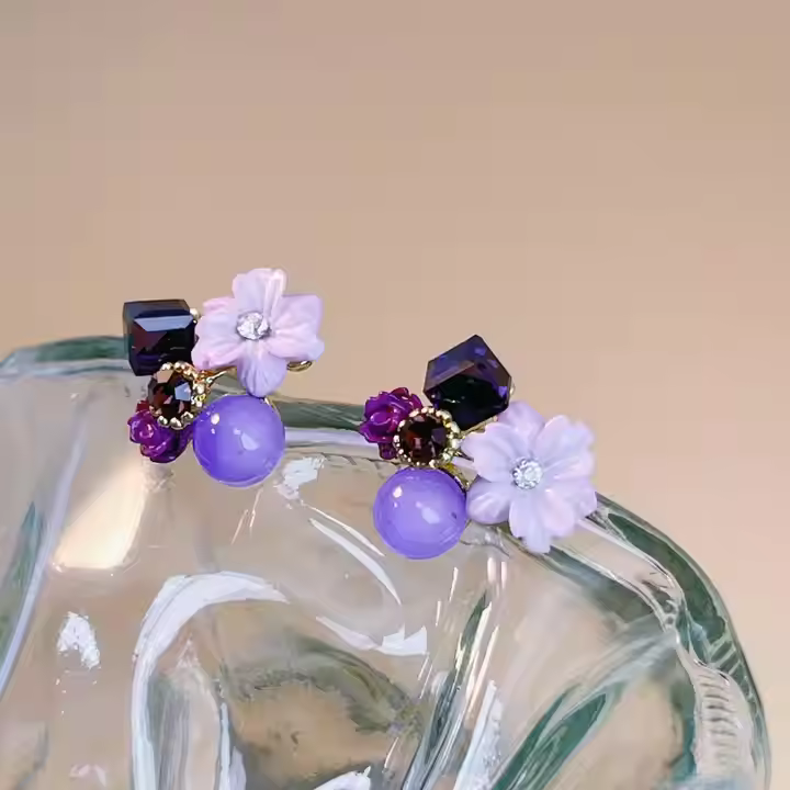 Silver Needle Stud Earrings Purple Zircon Opals Flower Earrings