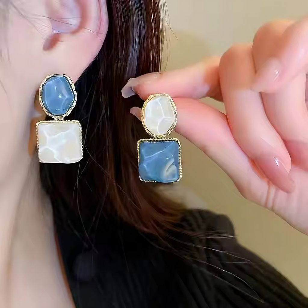 Square Oval Natural Stone Design Korean Earrings Blue Shade