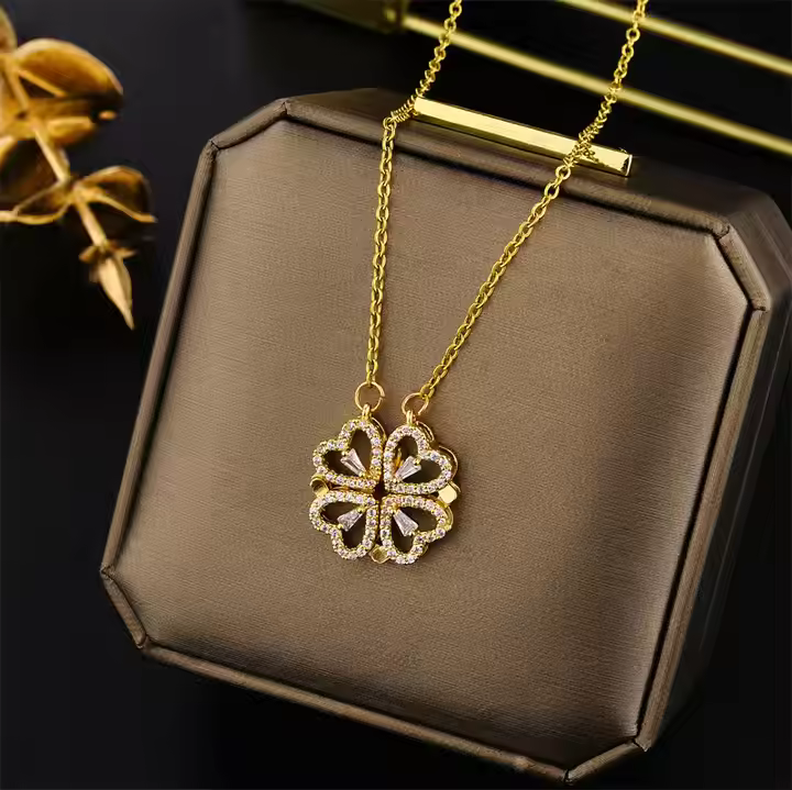 Gold Diamond Four-Leaf Clover Folding Heart Locket Pendant
