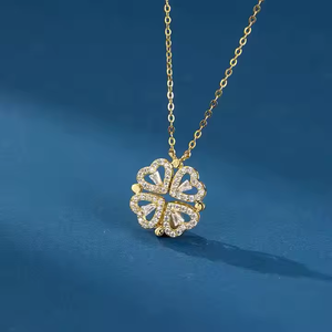 Gold Diamond Four-Leaf Clover Folding Heart Locket Pendant