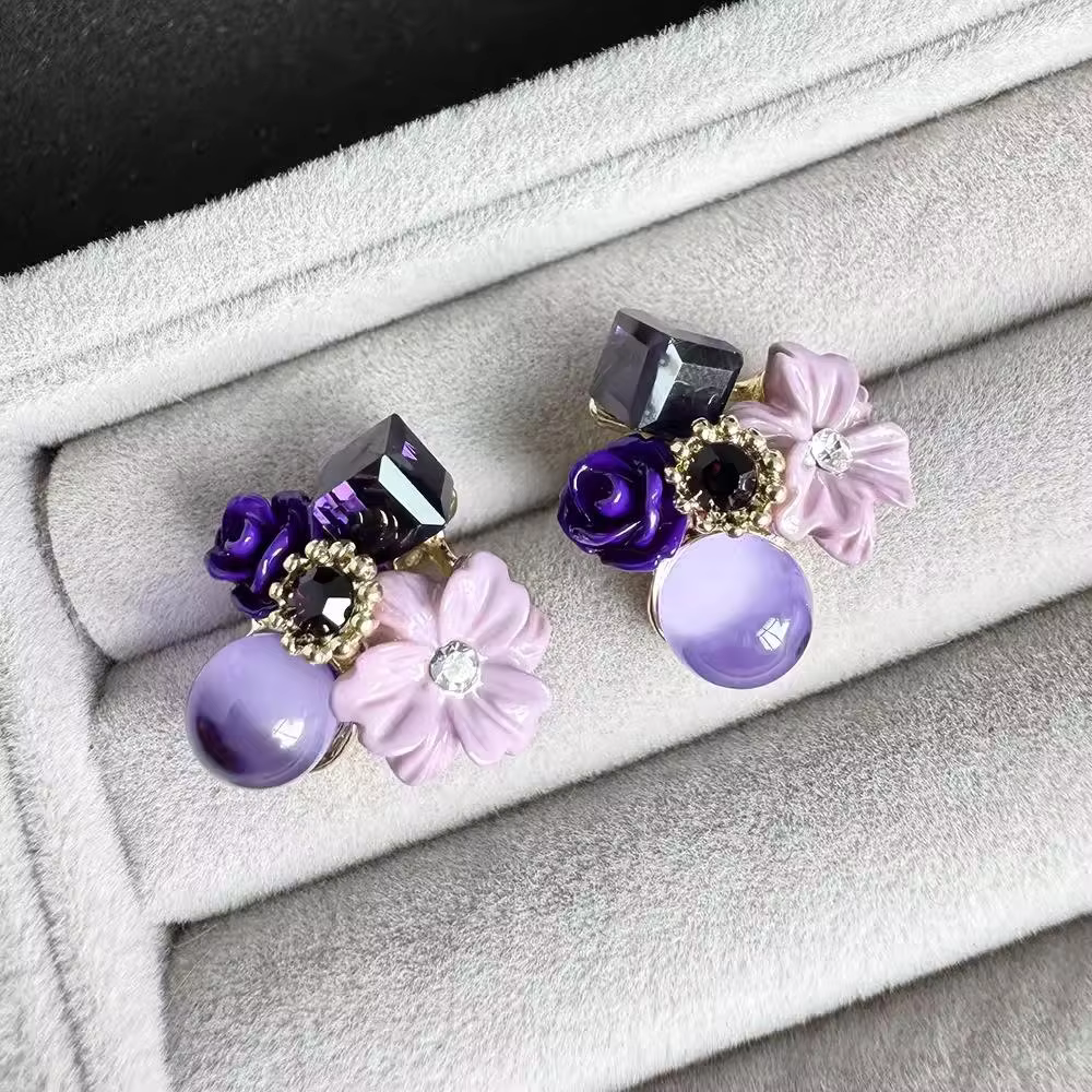 Silver Needle Stud Earrings Purple Zircon Opals Flower Earrings