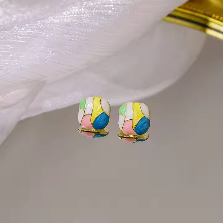 Prism Glint Earrings – Square Multicolor Abstract Design with Gold Finish