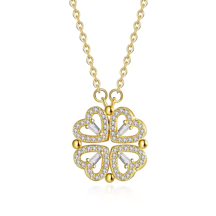 Gold Diamond Four-Leaf Clover Folding Heart Locket Pendant