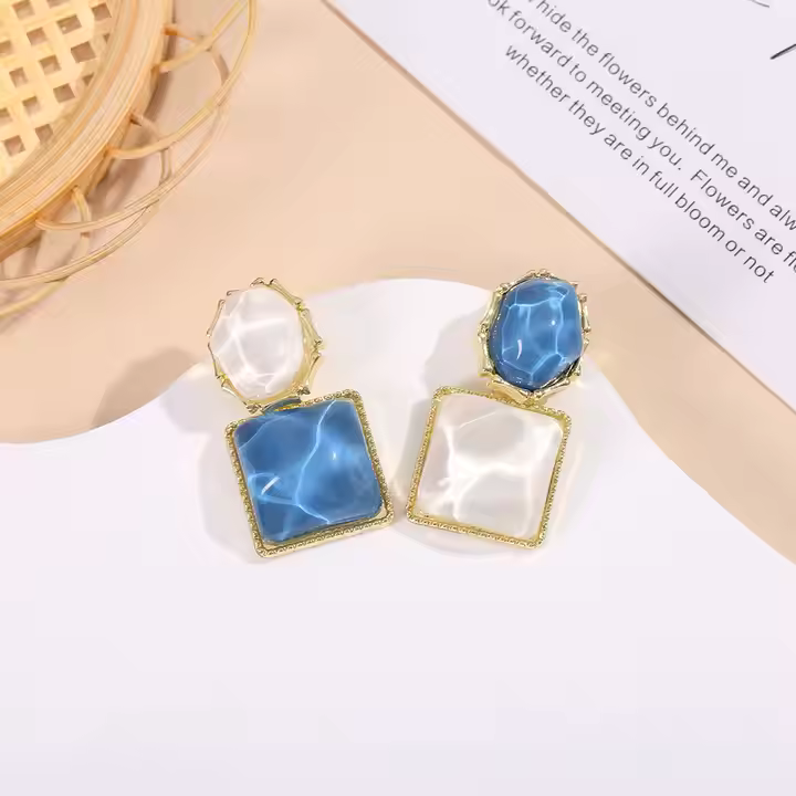 Square Oval Natural Stone Design Korean Earrings Blue Shade