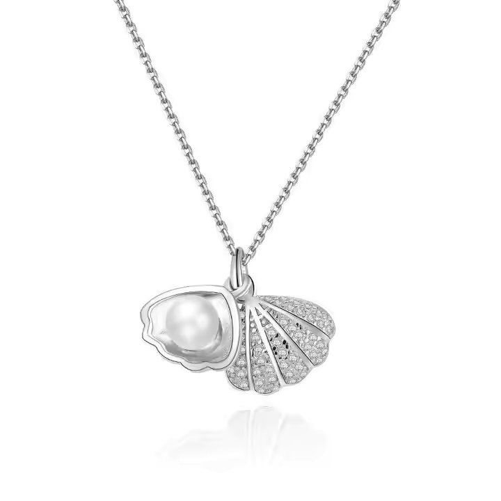 Crystal Zircon Shell Pearl Pendant Necklace | Silver