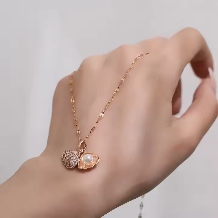 Crystal Zircon Shell Pearl Pendant Necklace | Rose Gold
