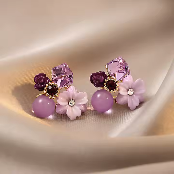 Silver Needle Stud Earrings Purple Zircon Opals Flower Earrings