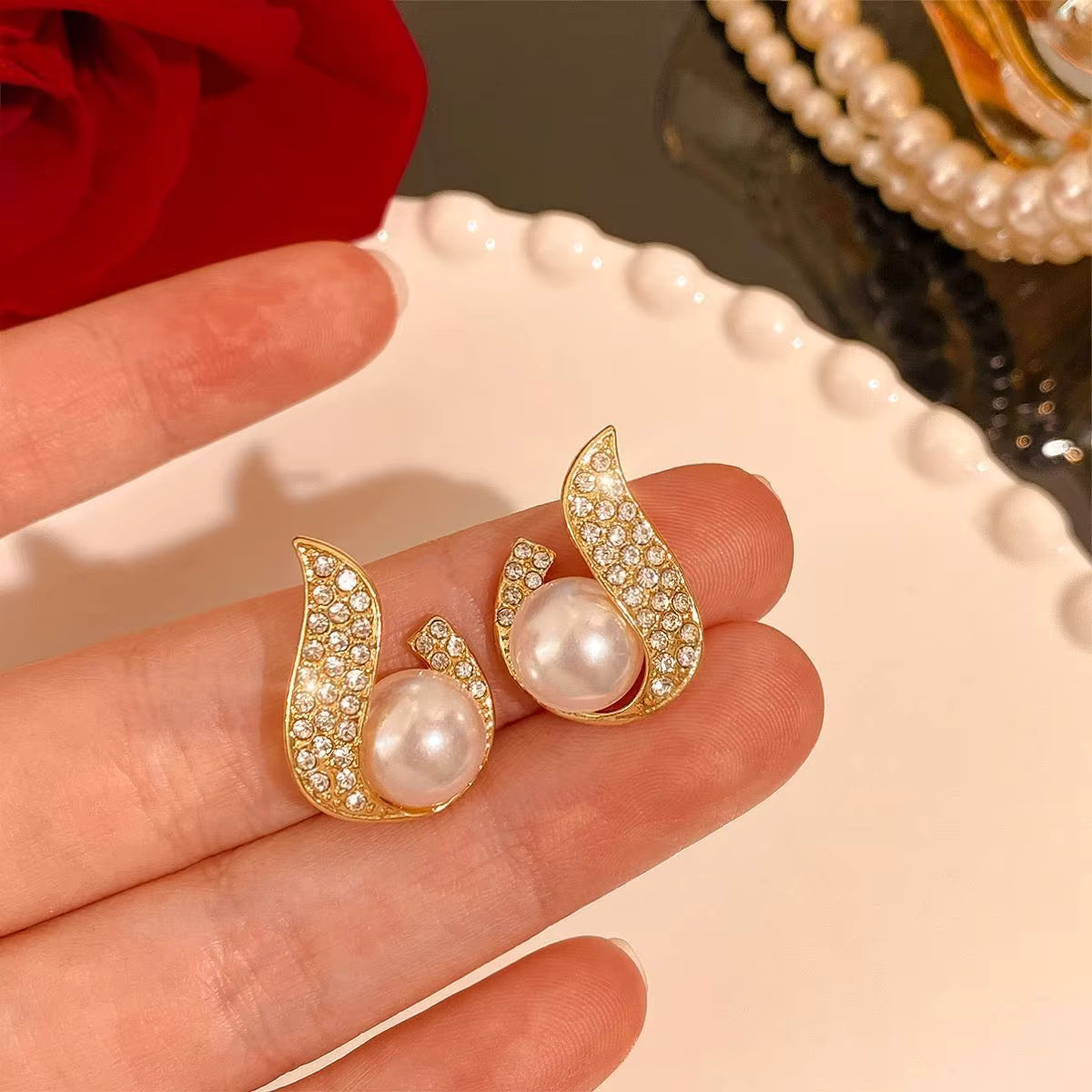 Curve Pearl Golden Finish Earrings