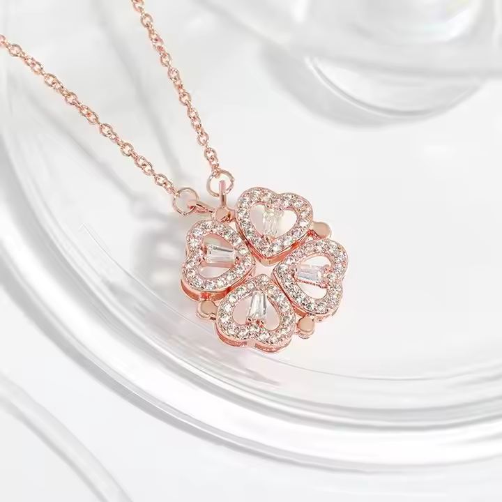 Rosegold Diamond Four-Leaf Clover Folding Heart Locket Pendant