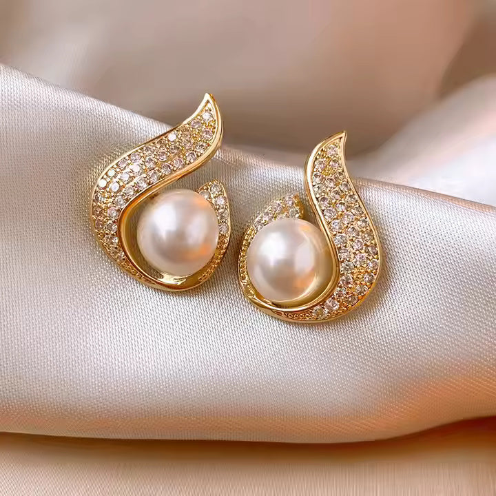Curve Pearl Golden Finish Earrings