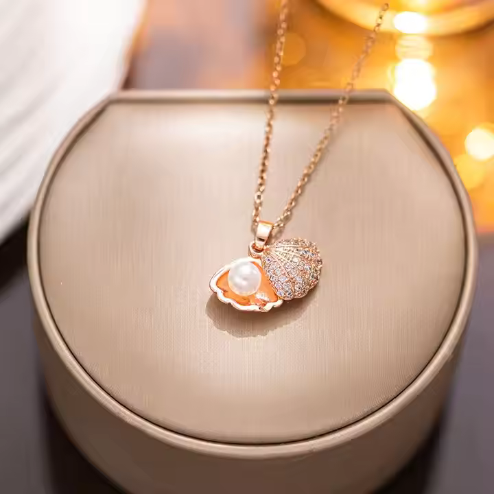 Crystal Zircon Shell Pearl Pendant Necklace | Rose Gold