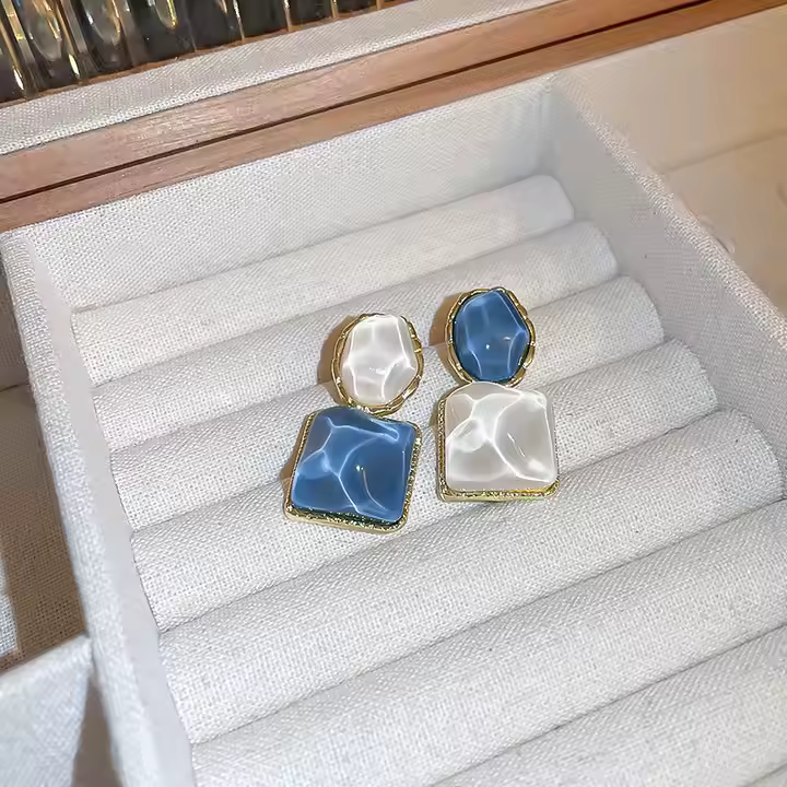Square Oval Natural Stone Design Korean Earrings Blue Shade