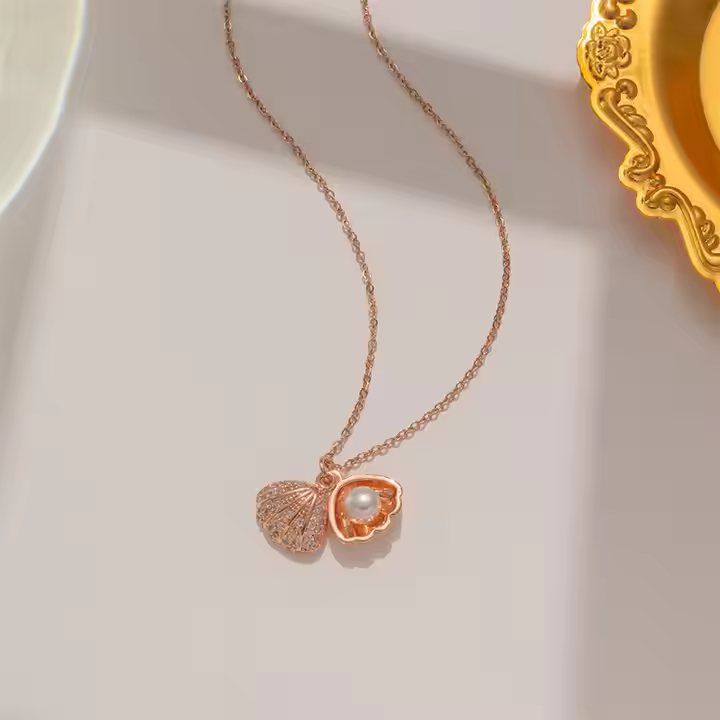 Crystal Zircon Shell Pearl Pendant Necklace | Rose Gold