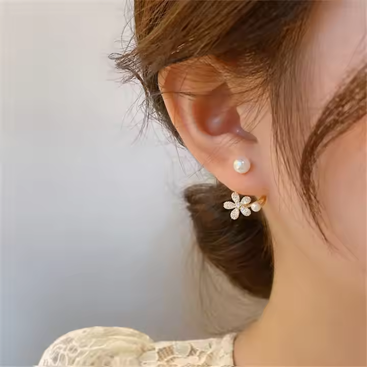 Diamond Flower Pearl Earrings