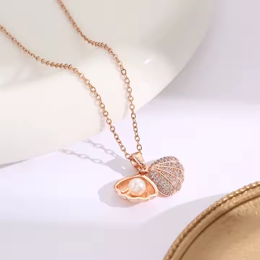 Crystal Zircon Shell Pearl Pendant Necklace | Rose Gold