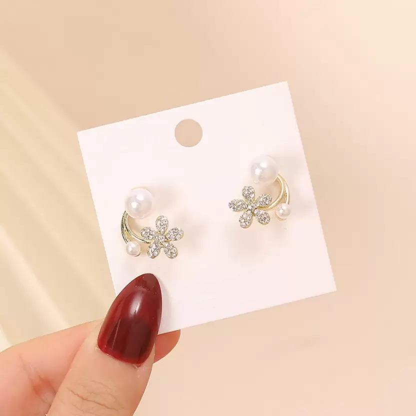 Diamond Flower Pearl Earrings