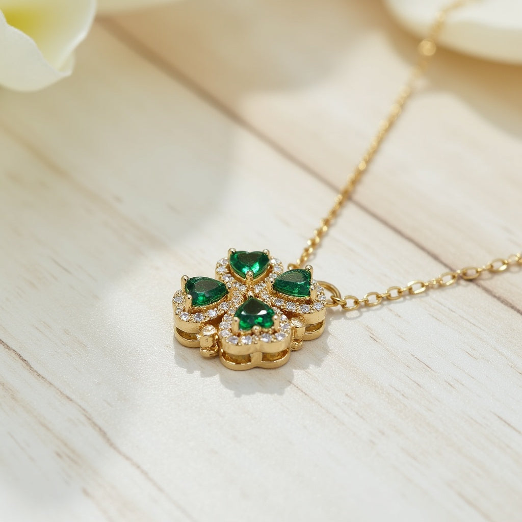 Four leaf Emerald Clover Folding Heart Pendant